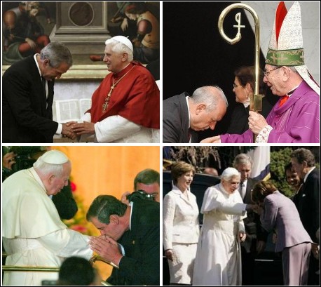 President George W. Bush,The Vice President of Brazil, Jos Alencar, kisses ring of Cardinal Jos Freire Falco,Mexican President Vicente Fox bows to Pope, Nancy Pelosi kisses Pope's hand